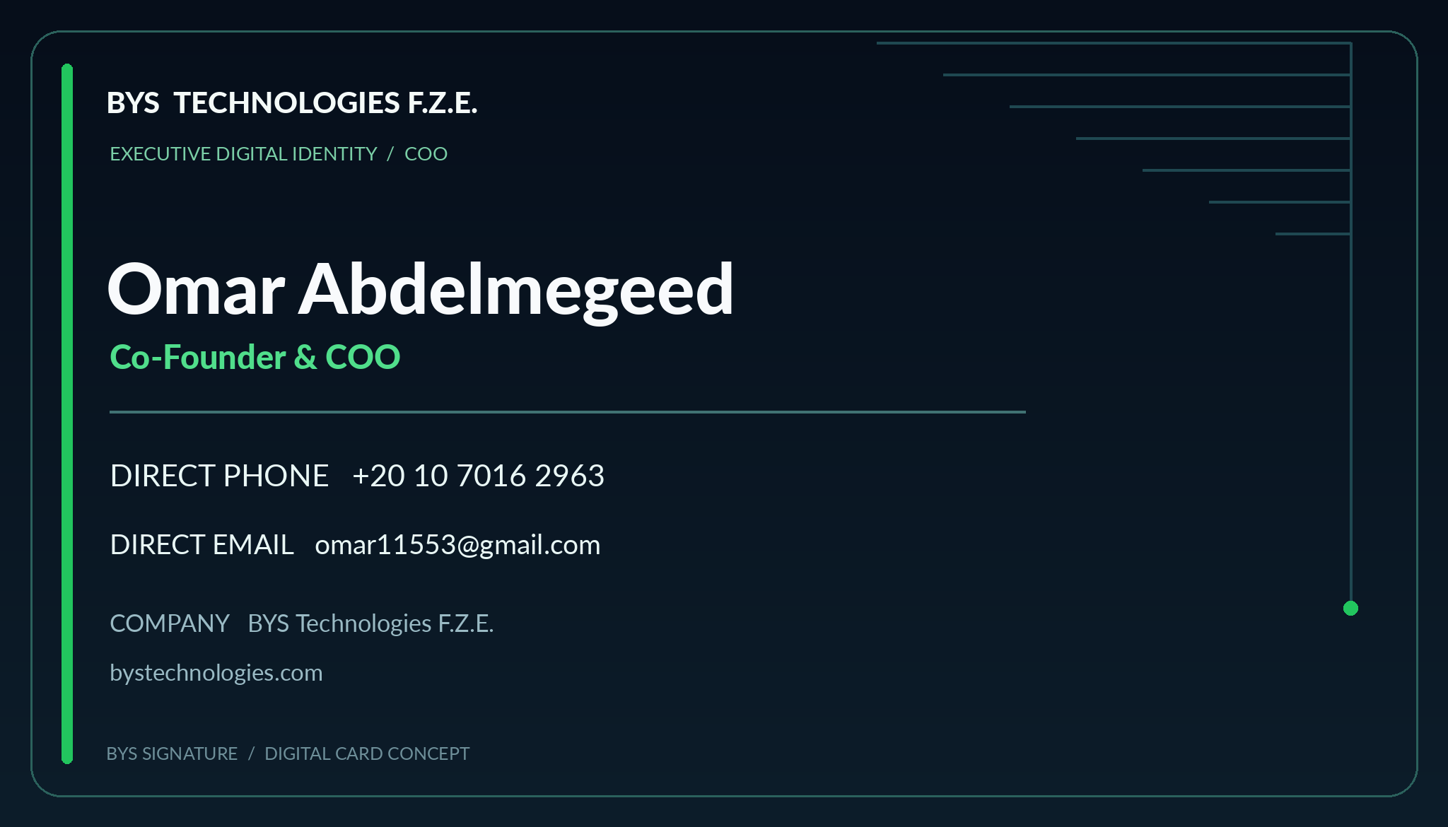 Back of Omar Abdelmegeed's business card with contact details